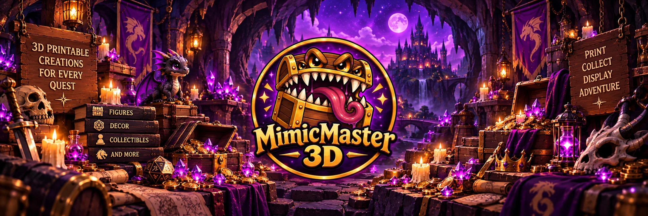 A torchlit fantasy treasure cavern filled with gold, purple crystals, dragon relics, and a castle beneath a violet moon.